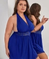 Saks Mavi Bel Dekolteli Gecelik Takım