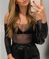Beatiful Kadın Parlak Elmas Taşlı Omuz Detaylı File Body Bluz