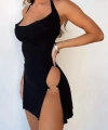 Kadın Halkalı Yırtmaçlı Siyah Şık Mini Fantezi Elbise