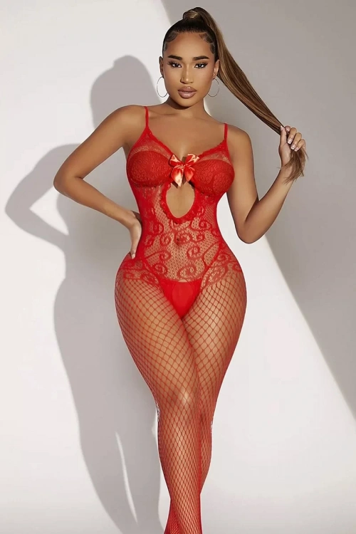 Kadın Kırmızı File Bodysuit Fantazi Vücut Çorabı