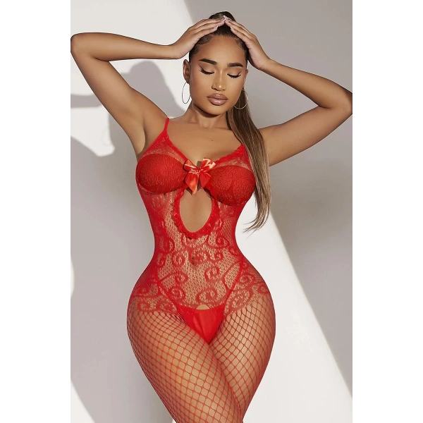 Kadın Kırmızı File Bodysuit Fantazi Vücut Çorabı