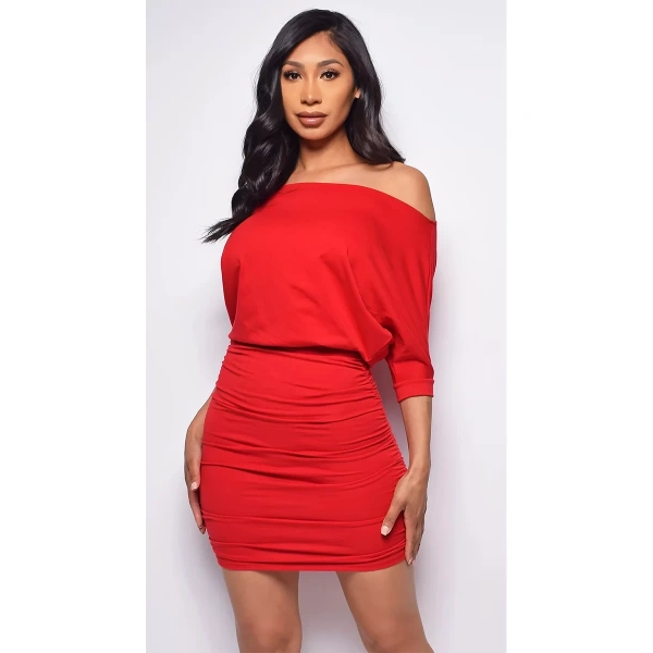 Kadın Omzu Açık Yarım kol Mini Elbise