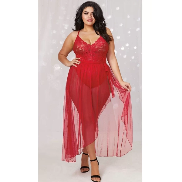 Kadın Kırmızı Büyük Beden Gecelik Takım