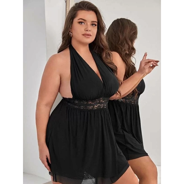 Siyah Bel Dekolteli Gecelik Takım