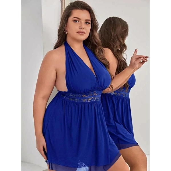 Saks Mavi Bel Dekolteli Gecelik Takım