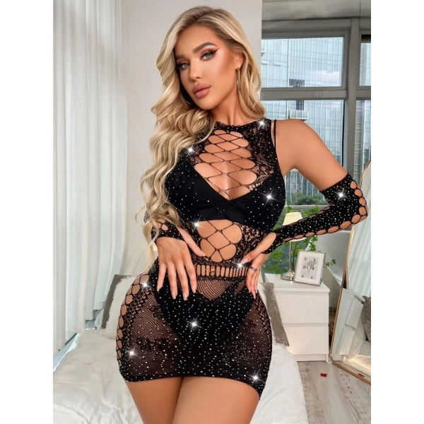 Kadın Siyah Eldivenli Mini Elbise Taşlı Fantezi Vücut Çorabı