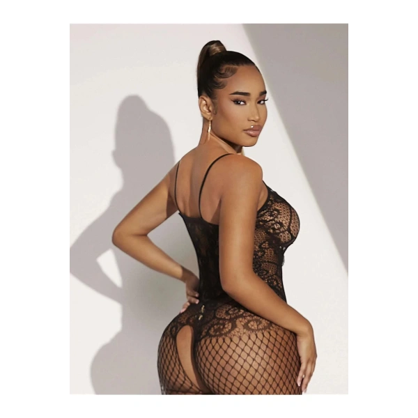 Kadın Siyah Göğüsü Dantelli Fantazi Özel Bölgesi Açık File Vücut Çorabı