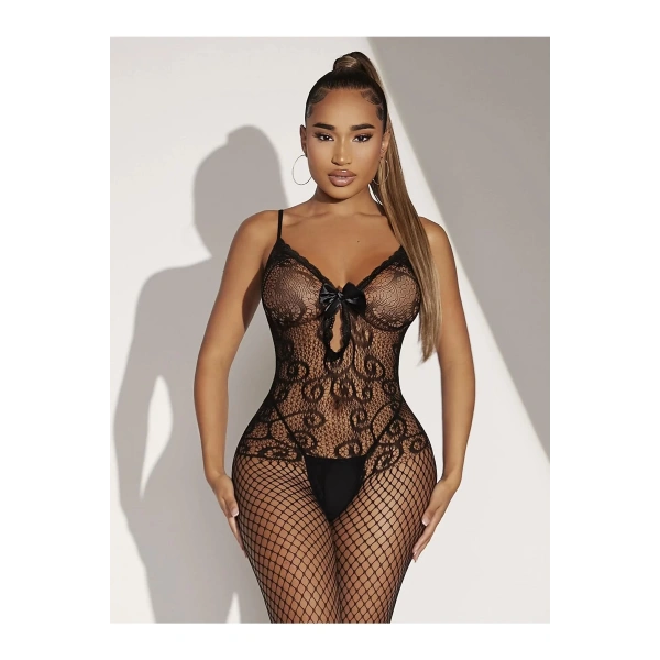 Kadın Siyah Göğüsü Dantelli Fantazi Özel Bölgesi Açık File Vücut Çorabı