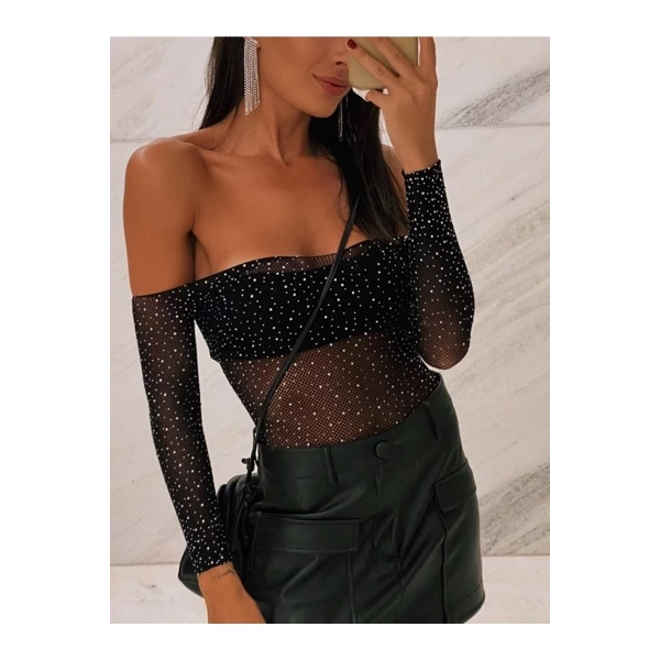 Beatiful Kadın Parlak Elmas Taşlı Omuz Detaylı File Body Bluz