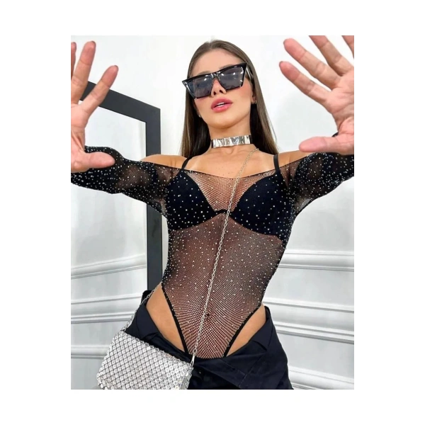 Beatiful Kadın Parlak Elmas Taşlı Omuz Detaylı File Body Bluz