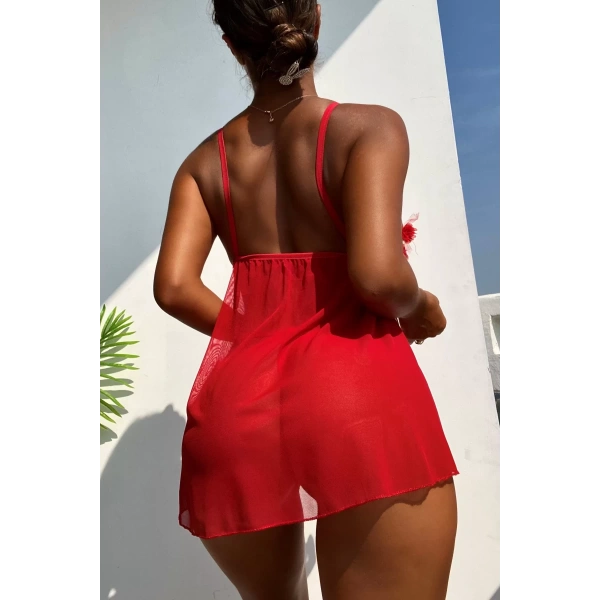 Kadın Kırmızı Göğüs Kısmı İşlemeli Mini Tül Gecelik