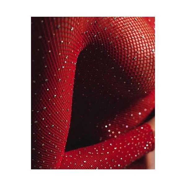 Kadın Kırmızı Taşlı File Body Bluz