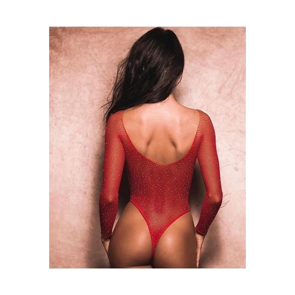 Kadın Kırmızı Taşlı File Body Bluz