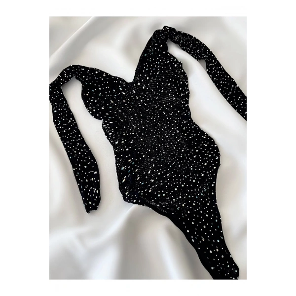 Kadın Siyah Taşlı File Body Bluz