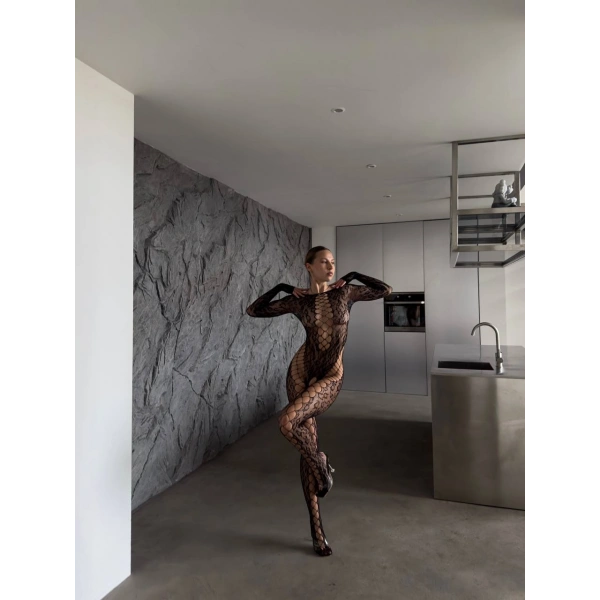 Leopar Desenli Özel Bölgesi Açık Vücut Çorabı