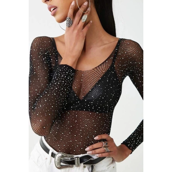 Beatiful Kadın Parlak Elmas Taşlı Omuz Detaylı File Body Bluz