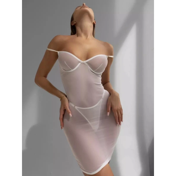 Beyaz Sırtı ipli Dekolteli Tül Transparan Gecelik