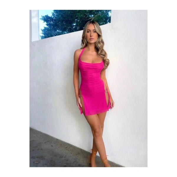 Kadın Halkalı Yırtmaçlı Pembe Şık Mini Elbise