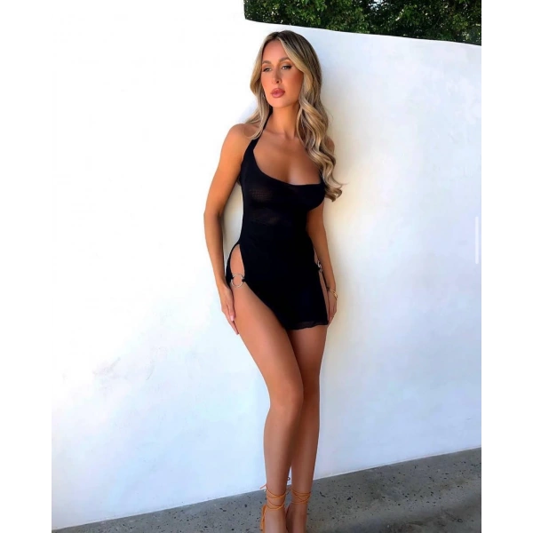 Kadın Halkalı Yırtmaçlı Siyah Şık Mini Fantezi Elbise