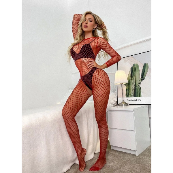 Kadın Kırmızı Geniş File Özel Bölgesi Açık Şık Fantezi Vücut Çorabı