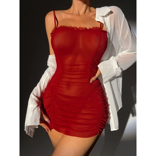 Kadın Kırmızı Transparan Tül Detaylı Fantezi Mini Elbise