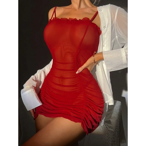 Kadın Kırmızı Transparan Tül Detaylı Fantezi Mini Elbise