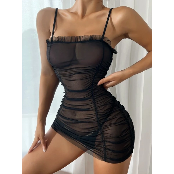 Kadın Siyah Transparan Tül Detaylı Fantezi Mini Elbise