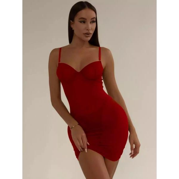 Kırmızı Sırtı ipli Dekolteli Tül Transparan Gecelik