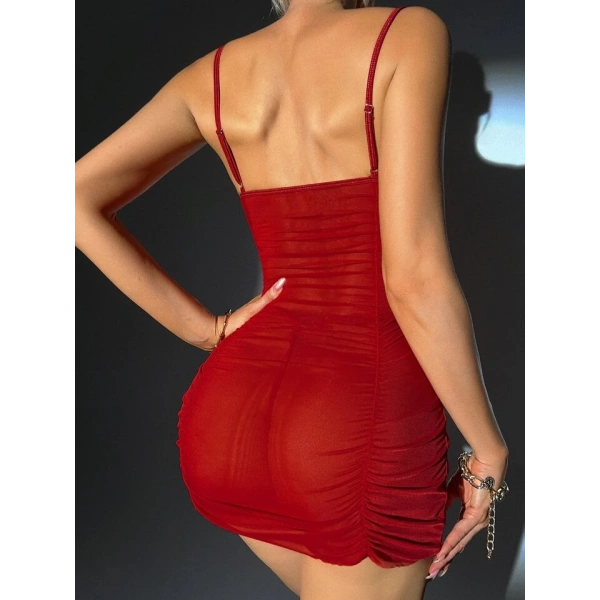 Kırmızı Transparan İç Gösteren Tül Detaylı Askılı Fantezi Gecelik