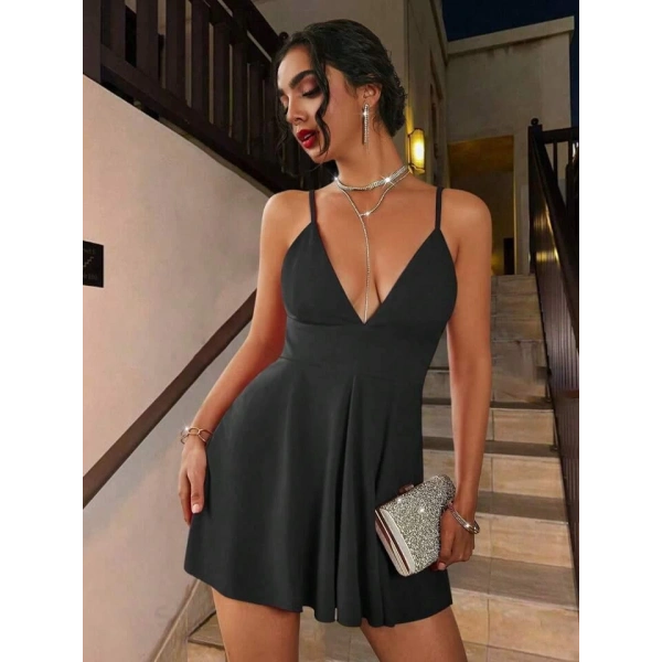 Sırt Dekolteli Cesur V Yaka Mini Elbise