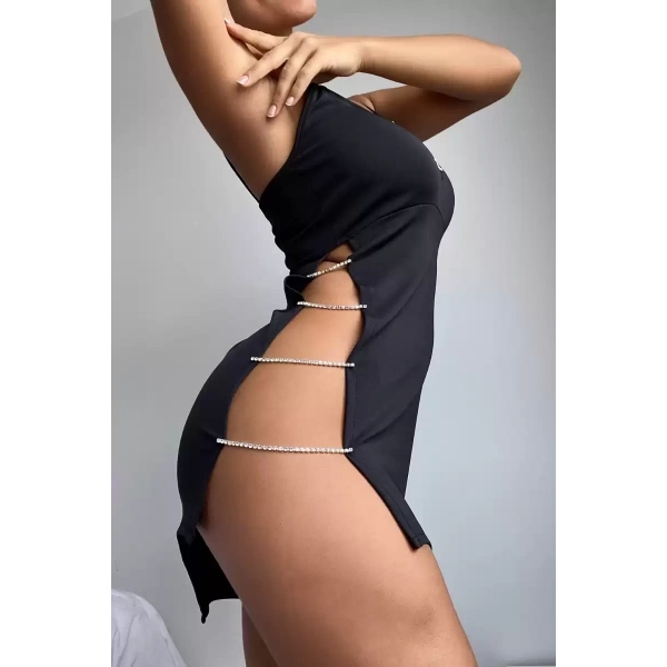 Taşlı Siyah Fantezi Mini Elbise