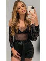 Beatiful Kadın Parlak Elmas Taşlı Omuz Detaylı File Body Bluz