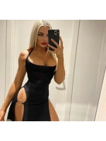 Kadın Halkalı Yırtmaçlı Siyah Şık Mini Fantezi Elbise