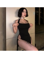 Kadın Halkalı Yırtmaçlı Siyah Şık Mini Fantezi Elbise