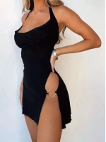 Kadın Halkalı Yırtmaçlı Siyah Şık Mini Fantezi Elbise