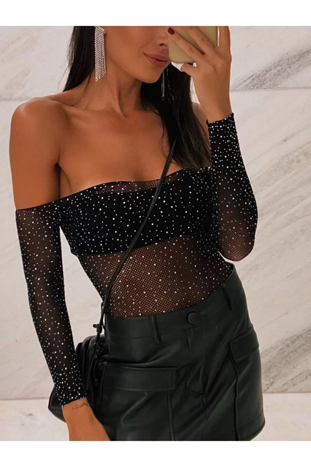 Beatiful Kadın Parlak Elmas Taşlı Omuz Detaylı File Body Bluz