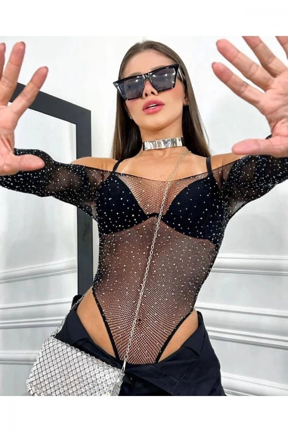 Beatiful Kadın Parlak Elmas Taşlı Omuz Detaylı File Body Bluz
