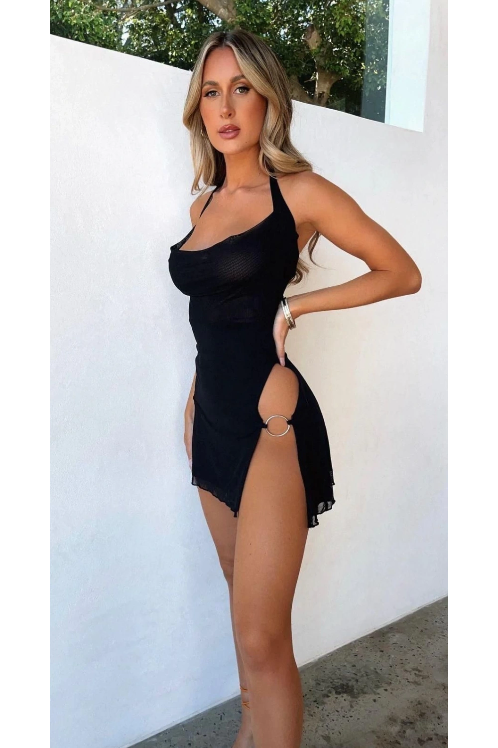 Kadın Halkalı Yırtmaçlı Siyah Şık Mini Fantezi Elbise