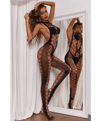 Kadın Siyah Tasarım File Fantazi Vücut Çorabı