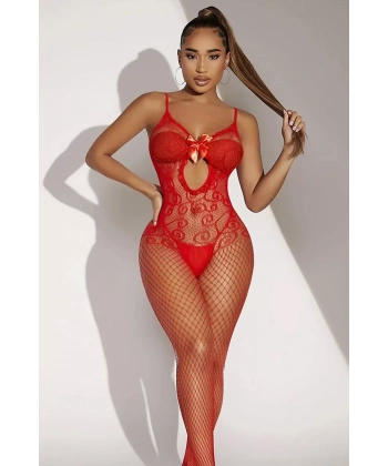 Kadın Kırmızı File Bodysuit Fantazi Vücut Çorabı