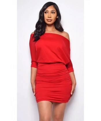 Kadın Omzu Açık Yarım kol Mini Elbise