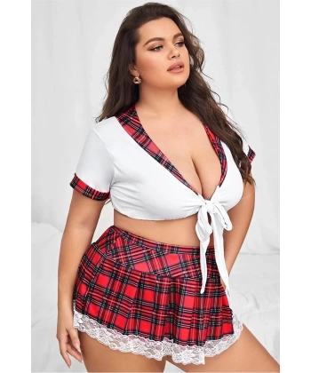 Ekose Desen Büyük Beden Fantezi Liseli Kostüm