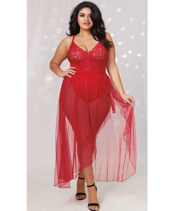 Kadın Kırmızı Büyük Beden Gecelik Takım