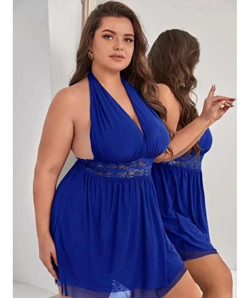 Saks Mavi Bel Dekolteli Gecelik Takım