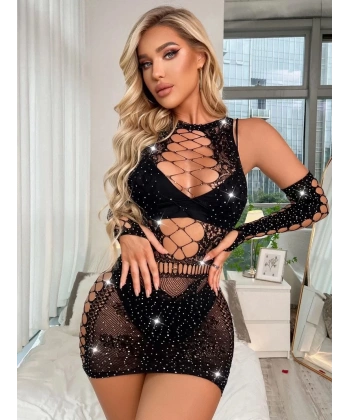 Kadın Siyah Eldivenli Mini Elbise Taşlı Fantezi Vücut Çorabı