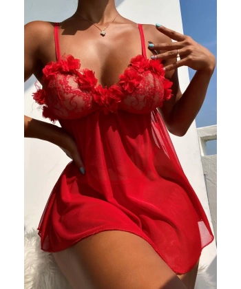 Kadın Kırmızı Göğüs Kısmı İşlemeli Mini Tül Gecelik