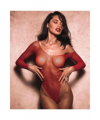 Kadın Kırmızı Taşlı File Body Bluz