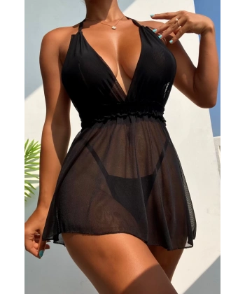 Siyah Bel Dekolteli Gecelik Takım