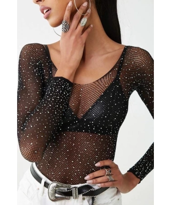 Beatiful Kadın Parlak Elmas Taşlı Omuz Detaylı File Body Bluz