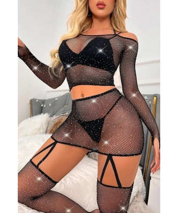 Kadın Fantezi Taşlı Jartiyerli Vücut Çorabı